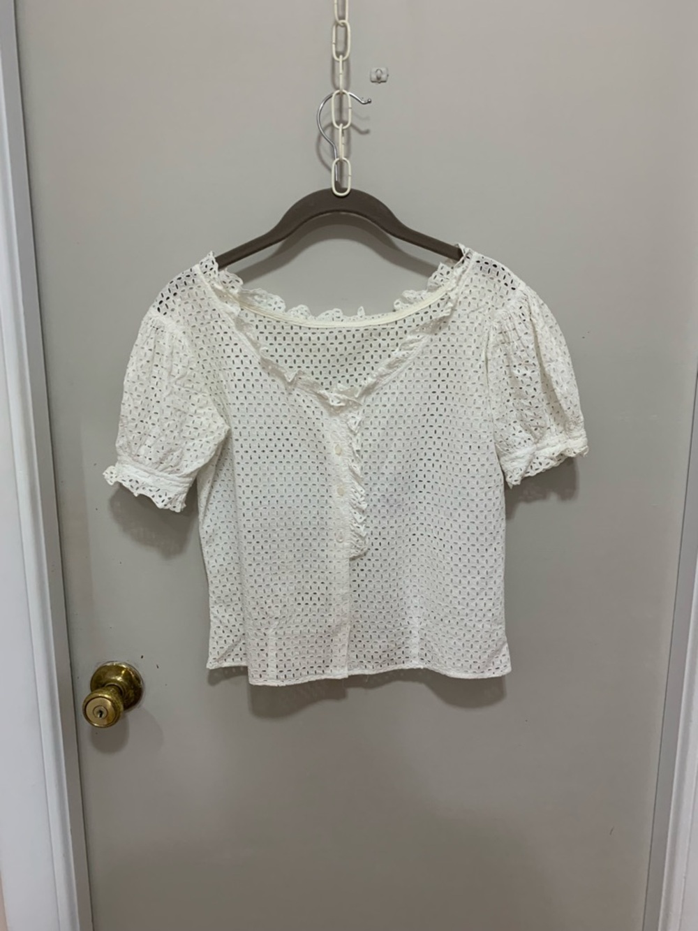 Vintage Bozart White Eyelet Lace-Trim Puff Sleeve Top